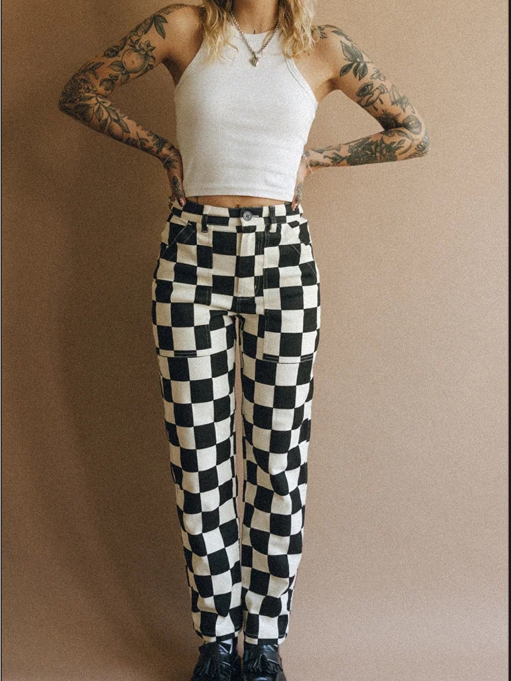 NWT P&Co Black Checkerboard Pants 304 Service Fatigues Women’s Size 6 Short